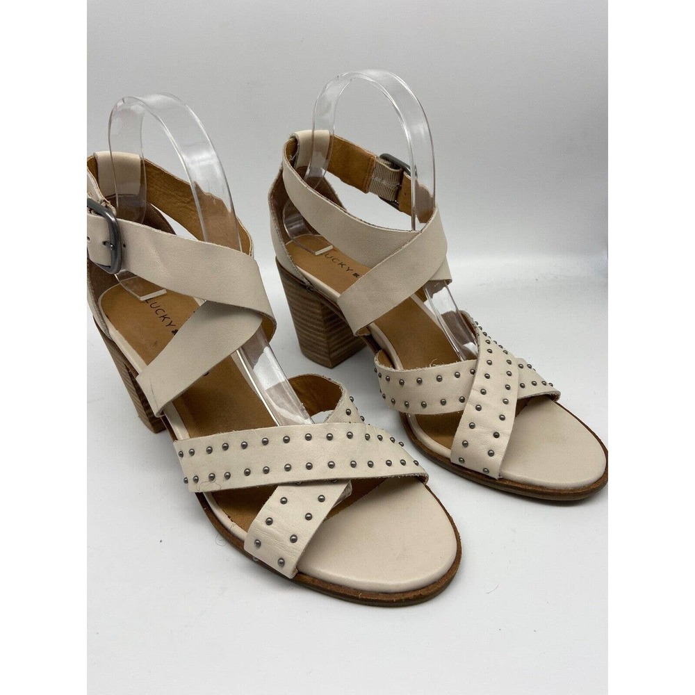 LUCKY BRAND Sandals Womens Sz 8 CrissCross Leather Studded Chunky Heel Slingback